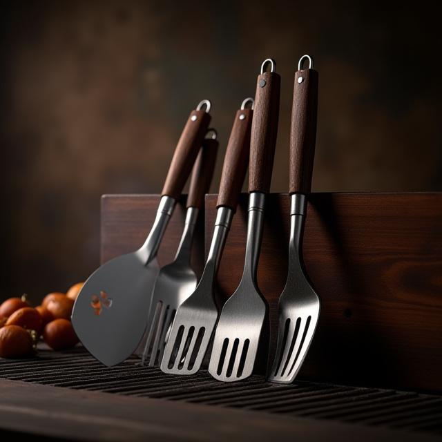 Ett elegant set med grillverktyg från Frekvens-serien, designade med ergonomi och akustisk precision i åtanke.